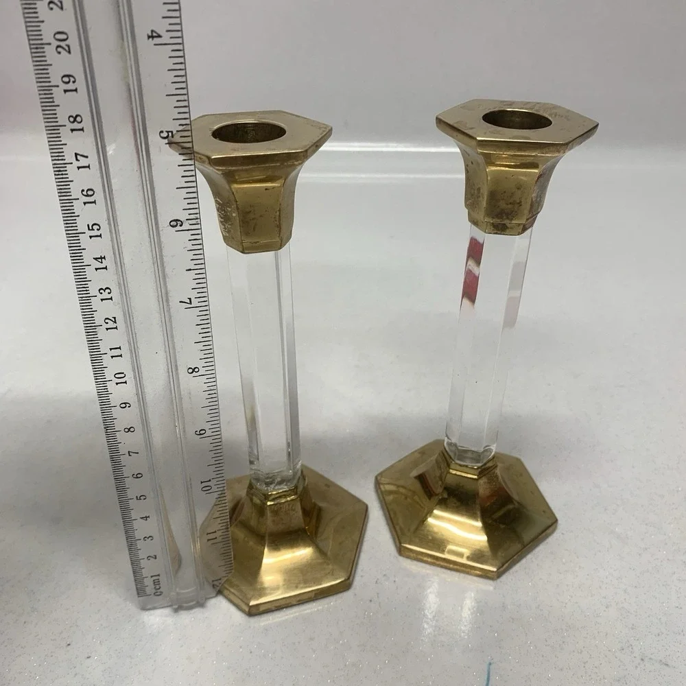 Vintage Party Lite Brass Lucite Candlestick Holders Pair 7" Romantic READ - Picture 3 of 16